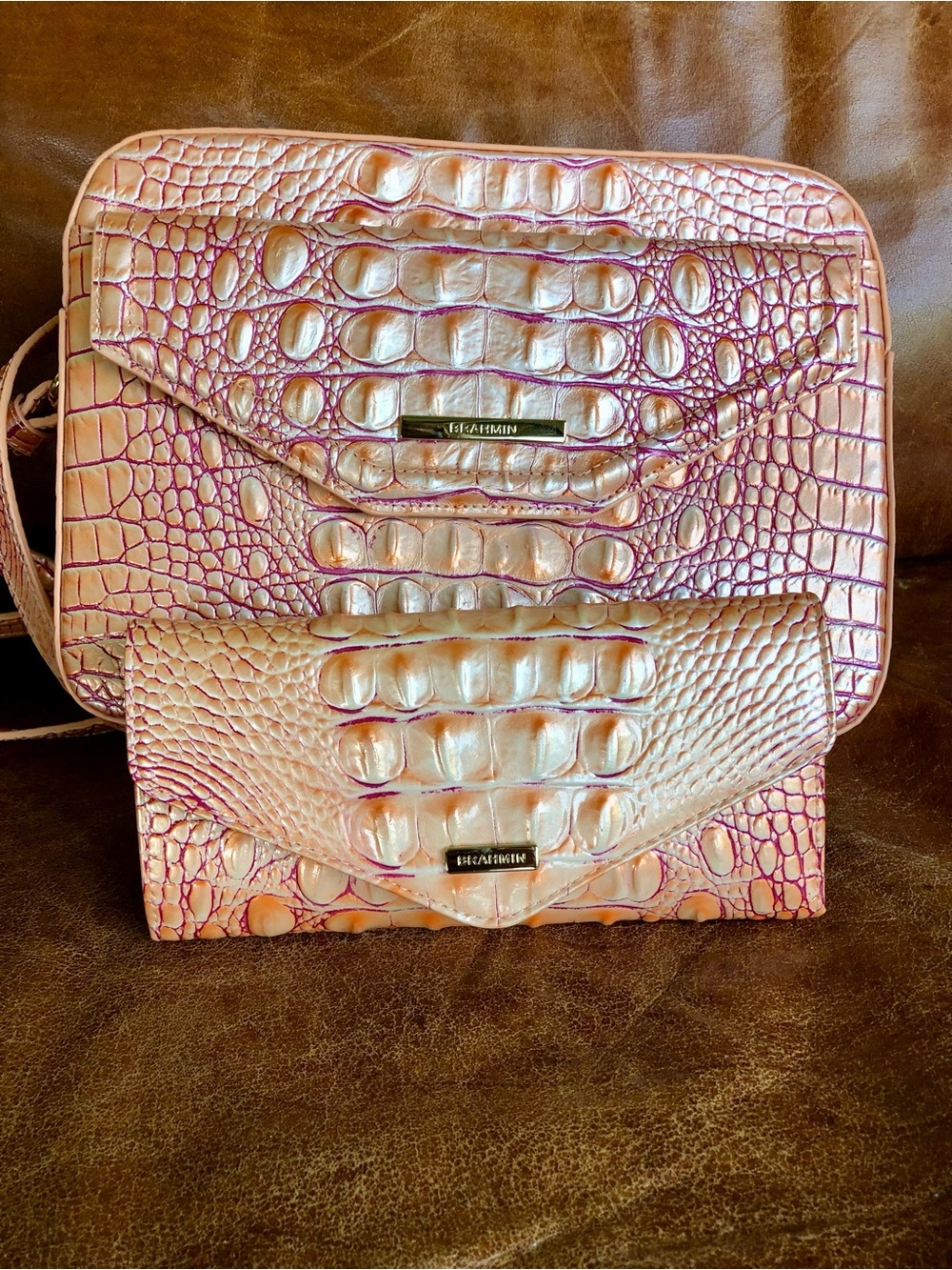 Brahmin Iridescent Pink Croc-Embossed